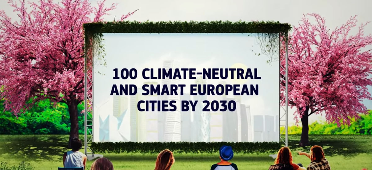 three with a text: 100 climate-neutral and smart european cities by 2030